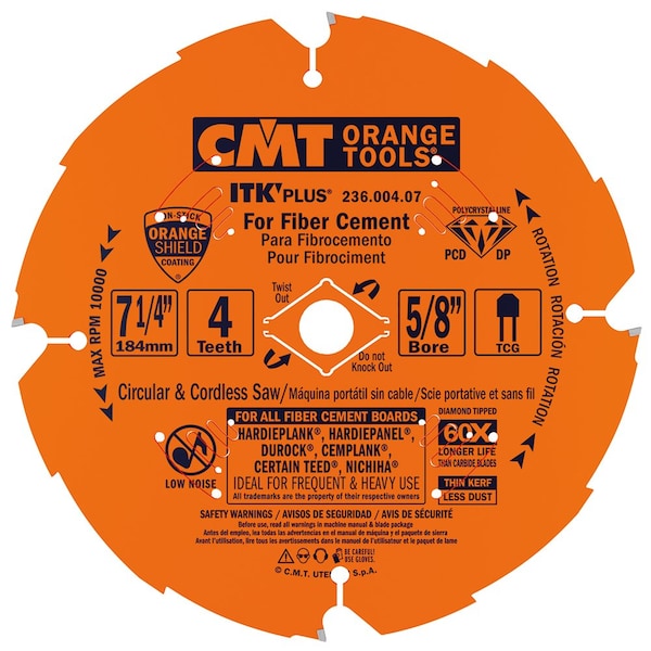 Cmt Orange Tools ITK PLUS Diamond Saw Blade for Fiber Cement Products 10In x 6 Trapezoidal Teeth 58In Bore 236.006.10 - main
